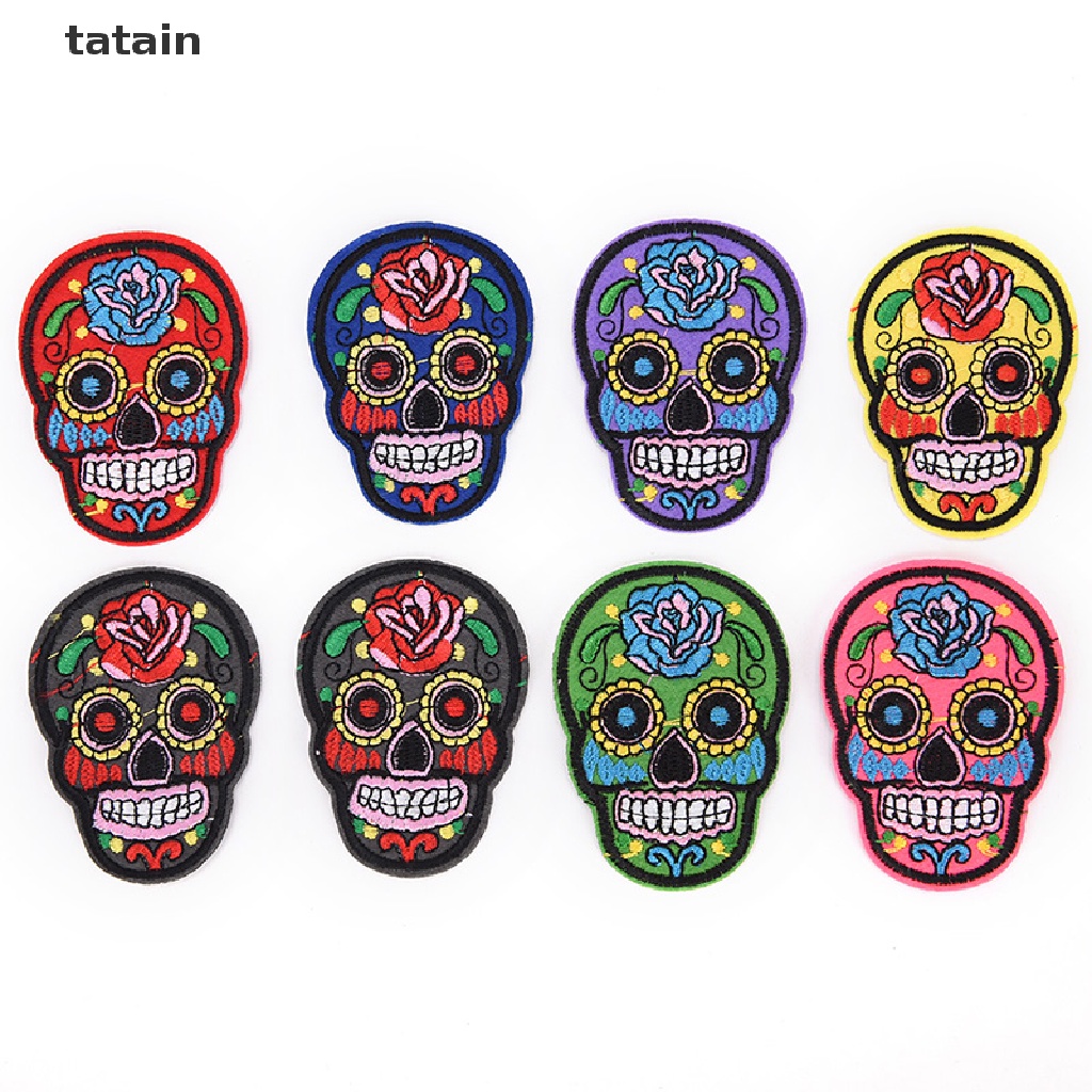 [TAT] 8Pcs iron on patches for clothes sew-on embroidered patch applique rose skull CVX