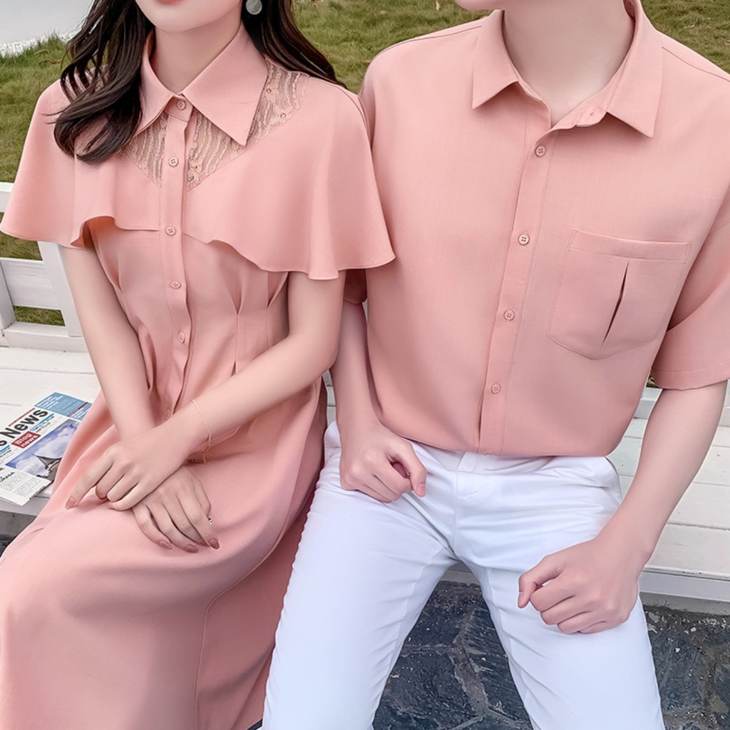 Áo đôi đi biển ❤️FREESHIP❤️ Áo đôi váy sơ mi dễ thương chụp ảnh đi biển nam nữ Hàn Quốc COUPLE màu hồng AV87