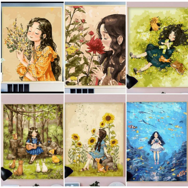 Tranh sơn dầu số hóa DIY khổ 40x50cm khung căng sẵn FOREST GIRLS- ORDER 10 NGÀY | Shopee Việt Nam