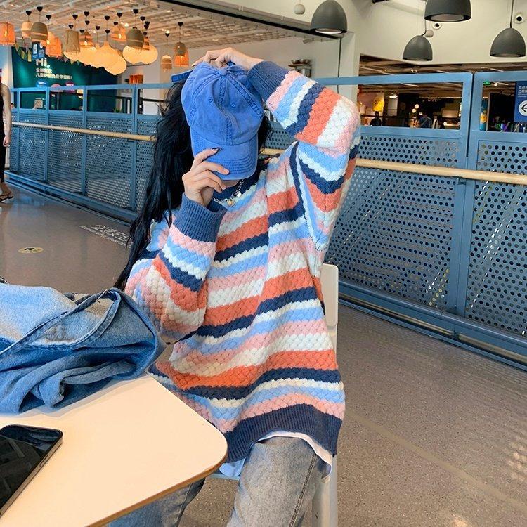Áo sweater dệt kim dáng rộng họa tiết kẻ sọc phong cách retro