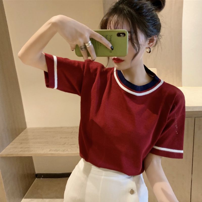 Áo Thun Nữ Hàng Quảng Châu Chất Dệt Kim Mềm Co Giãn Phối Viền Cổ Đẹp Cute