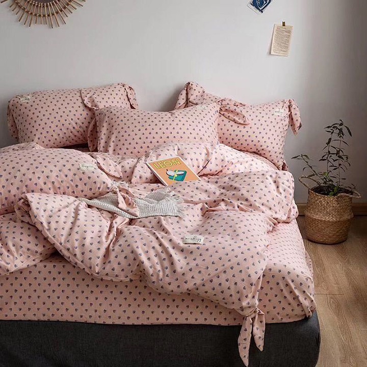 Bộ vỏ ga gối chất vải ĐŨI SILK họa tiết hồng chấm bi