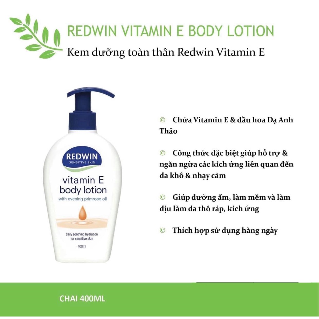 Sữa Dưỡng Ẩm, Sáng Da Vitamin E Redwin Úc 300G &amp; Sữa Dưỡng Thể Body Lotion Redwin Úc 400ML