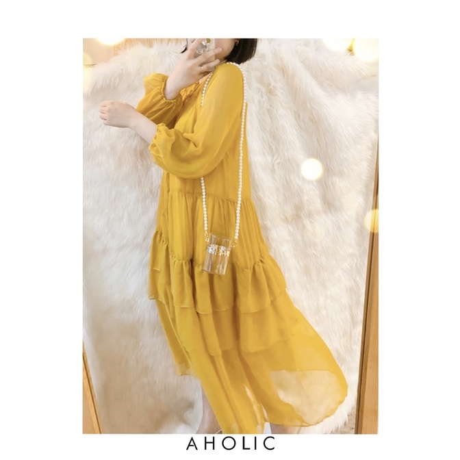 Đầm maxi midi đi biển nhún bèo màu vàng V2608 Aholic