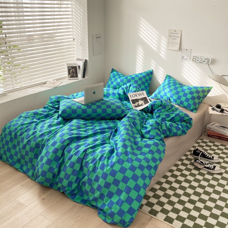 Bộ chăn ga gối cotton tici kẻ caro thấm hút mồ hôi,bộ 4 món cotton tici kẻ caro thoáng mát thấm hút mồ hôi