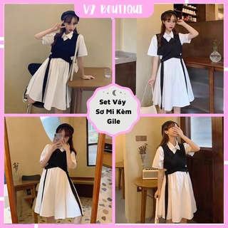 Set váy sơ mi kèm gile chất đũi siêu chất
