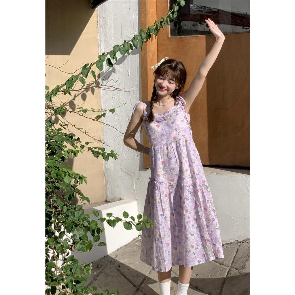 Đầm Hai Dây Lưng Cao Họa Tiết Hoa Màu Tím 62386