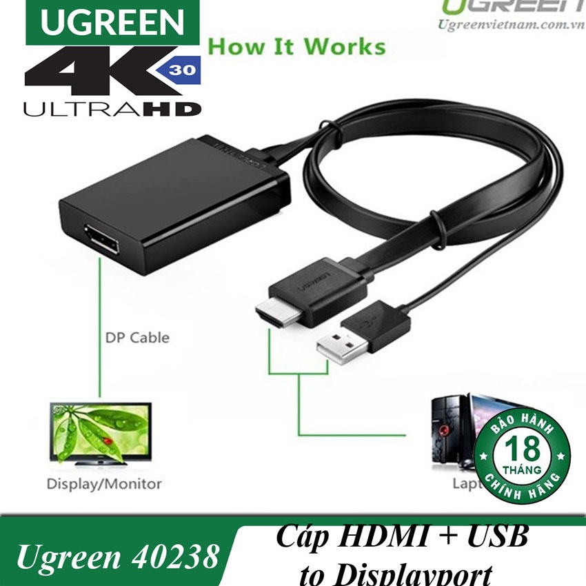 Cáp chuyển HDMI sang màng hình cổng DisplayPort 4K Cao Cấp UGREEN 40238 Chính Hãng MM107
