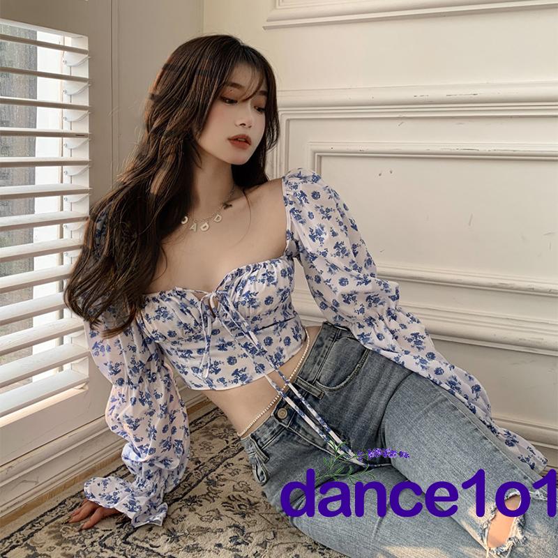 Áo Croptop dài tay họa tiết xinh xắn trẻ trung cho nữ