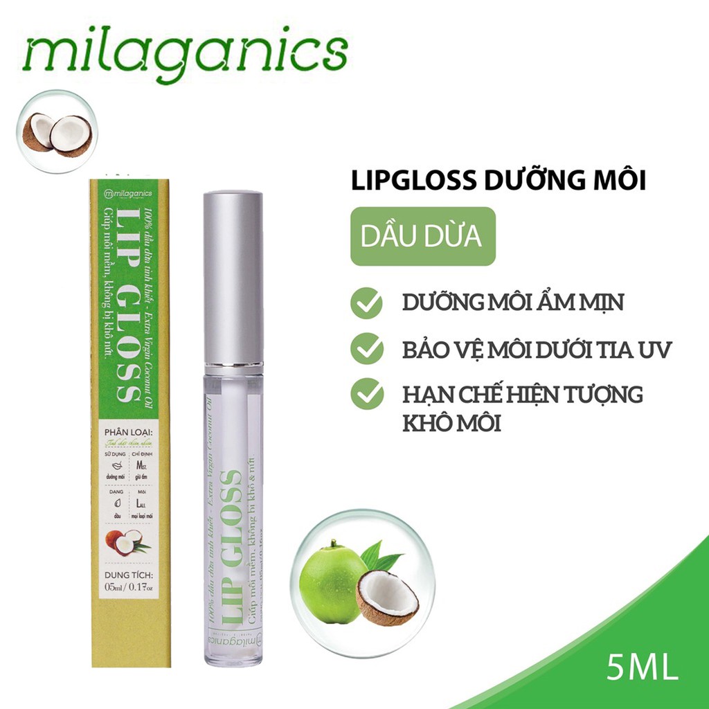 SON DƯỠNG DẦU DỪA DƯỠNG MÔI MỀM MÔI LIP GLOSS MILAGANICS 5ML