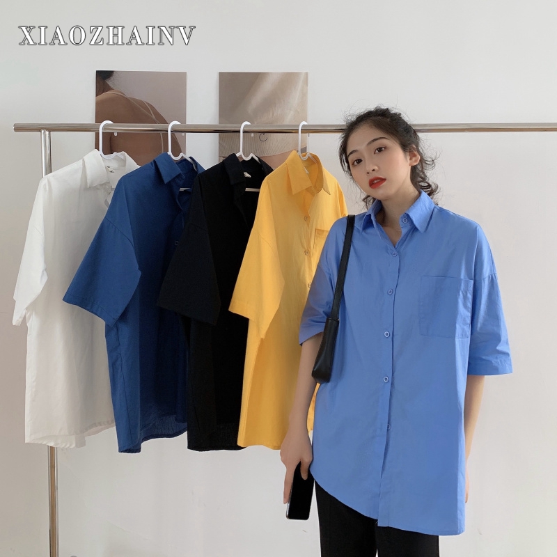 Xiaozhainv Áo Sơ Mi Tay Ngắn Màu Trơn Phong Cách Thời Trang Hàn Quốc