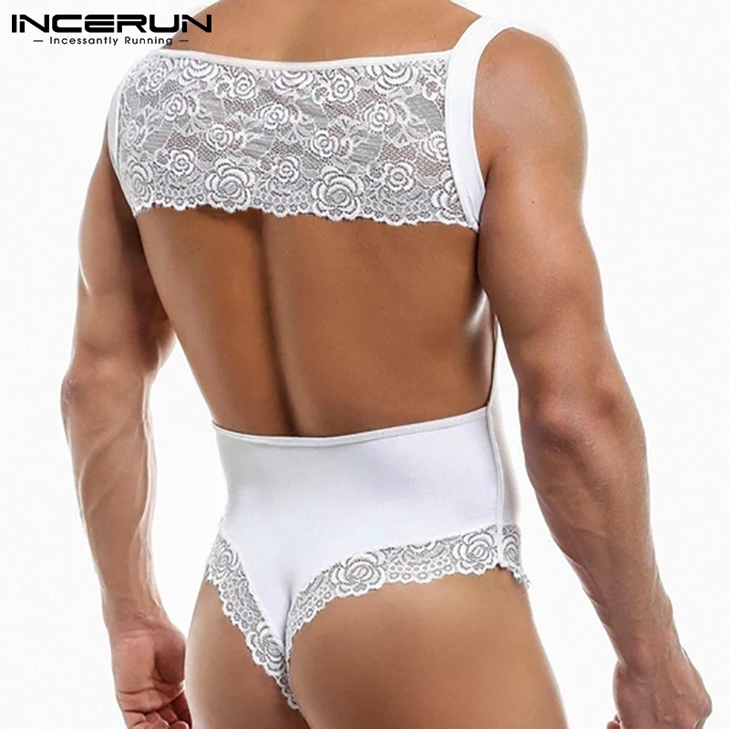 Áo liền quần hai dây INCERUN thiết kế cắt lỗ không tay phối ren ôm dáng cho nam mặc nhà