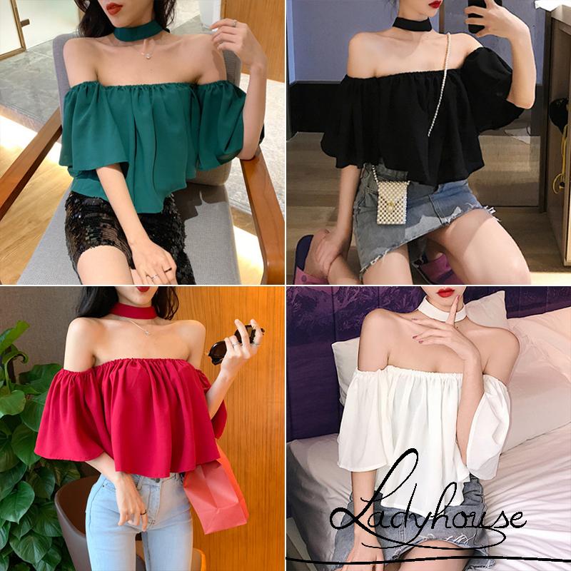Áo Kiểu Trễ Vai Tay Ngắn Màu Trơn Thời Trang Dự Tiệc Cho Nữ