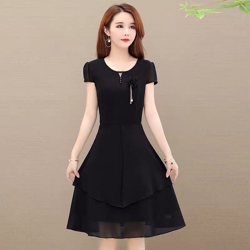 ĐẦM VOAN DÁNG XÒE ĐÍNH  HOA HAI MÀU HỒNG VÀ ĐEN ĐỦ SIZE M L XL 2XL - XƯỞNG ĐẦM THÙY DƯƠNG - 75496