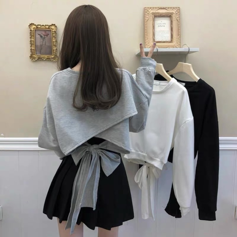 Áo nỉ hodie thắt nơ sau lưng áo dài tay mùa thu(Kèm ảnh thật)