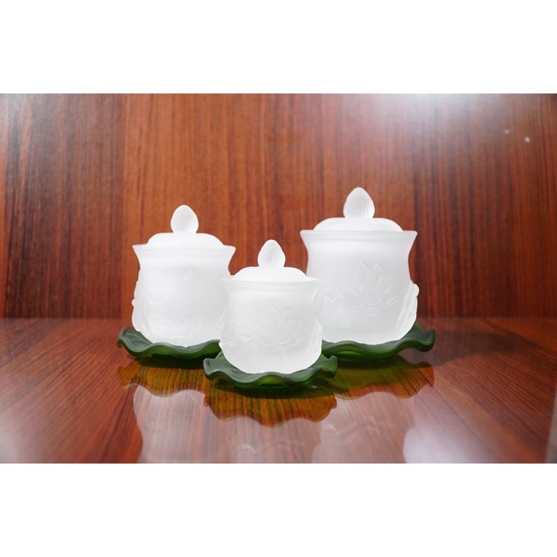 Ly Nước Lưu Ly Trắng Mở Sen Nổi Đại Bi Đế Sen Xanh Nhiều Cở