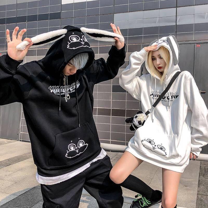 Áo hoodie dáng rộng có tai thỏ dễ thương cho nam và nữ