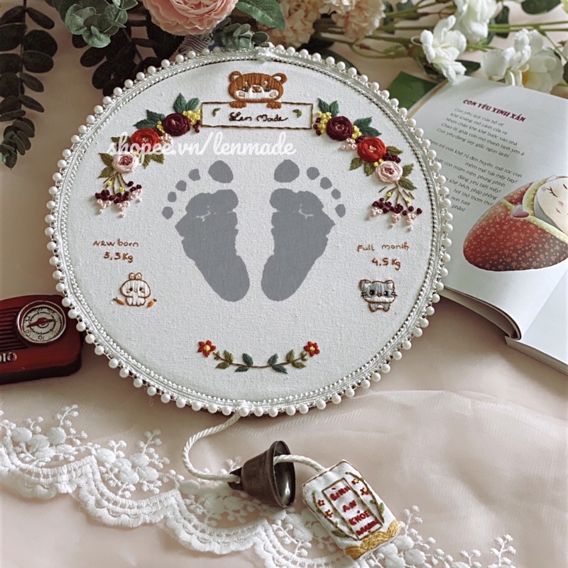 DIY bộ Kit tự thêu tay embroidery IN DẤU CHÂN TAY cho trẻ lưu giữ kỉ niệm trang trí thôi nôi full month ý nghĩa lenmade