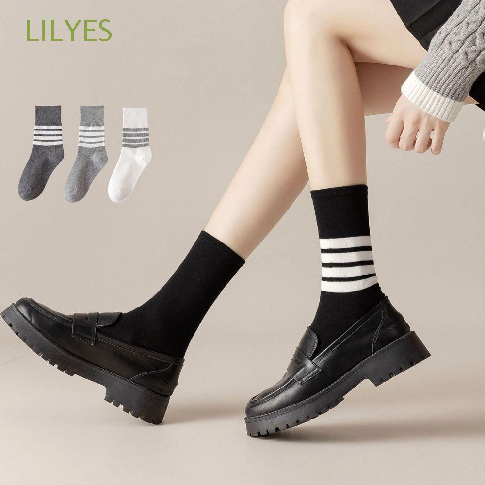 Tất cotton cổ vừa họa tiết kẻ sọc màu trơn phong cách Hàn Quốc thời trang cho nữ