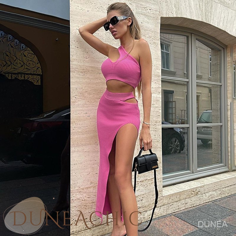 DUNEA Bộ đồ gồm áo tanktop màu trơn và chân váy xẻ tà lưng cao thời trang cho nữ