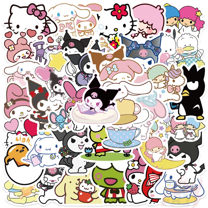 Set 100 miếng sticker nhân vật hoạt hình Melody Kuromi Kerokero Keroppi Cinnamoroll Hello Kitty dán trang trí DIY
