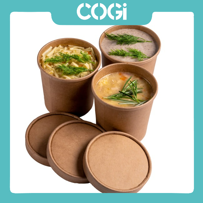 10 ly giấy đựng soup kraft 480ml - 16oz cốc giấy đựng cháo tô cháo dùng 1 lần cogi, kèm nắp giấy
