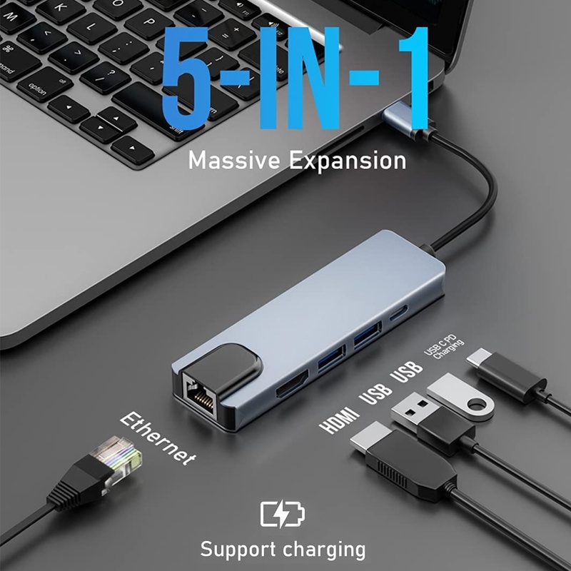 Bộ Hub Chuyển Đổi CCLCC USB C 5 Trong 1 / MacBook Air Sang RJ45 Ethernet USB C / 4K HDMI / 2 USB 3.0 / 100W PD / Sạc / Hub Cho MacBook Pro / iPad Pro 2020 / MacBook Air 2020 / MacBook Air 2020
