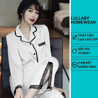 Pijama lụa cao cấp quần dài lụa trơn mịn viền ren nữ tính Lullaby homewear