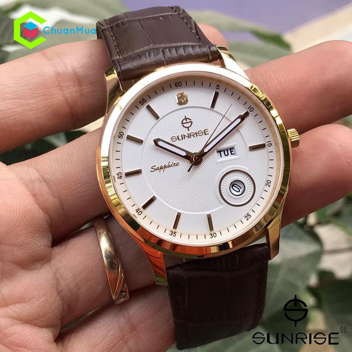 ĐỒNG HỒ DÂY DA NAM SUNRISE - KÍNH SAPPHIRE 2 lịch cười cực đẹp cực chất