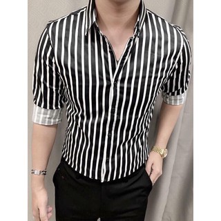 Áo sơ mi lụa sọc trắng đen seoul thời trang