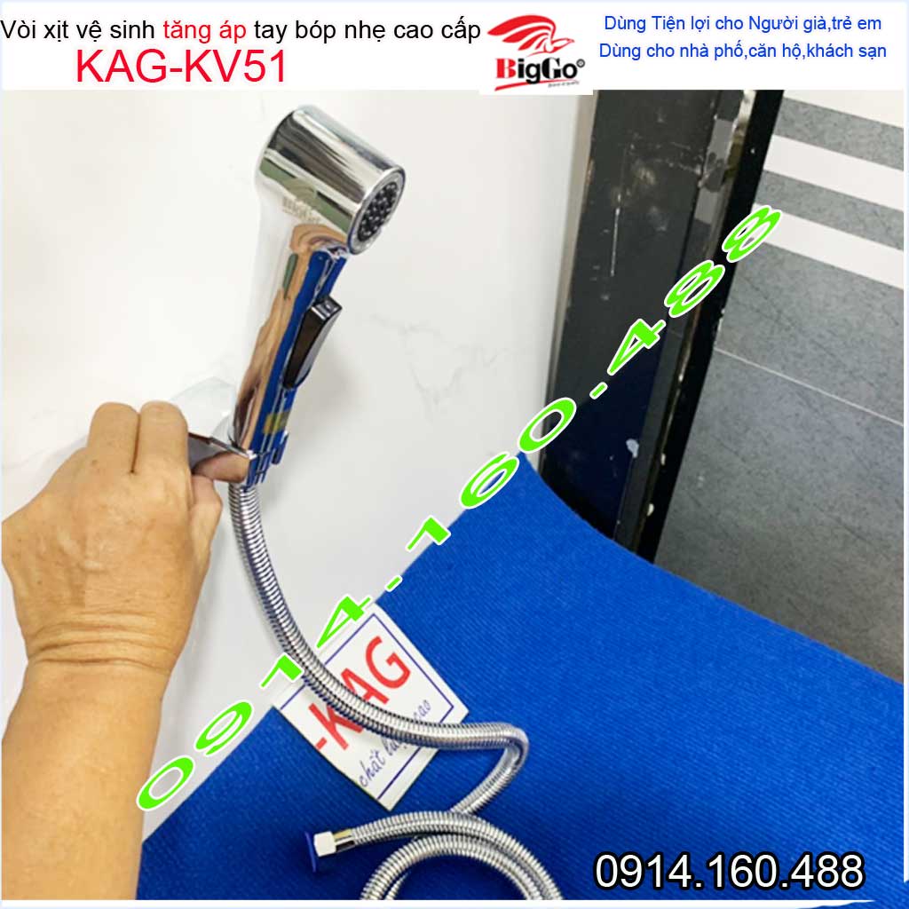 Vòi xịt vệ sinh ấn tay KAG-KV51, xịt rửa vệ sinh Biggo chrome bóng hand spray nhấn êm dùng cho trẻ em và người già