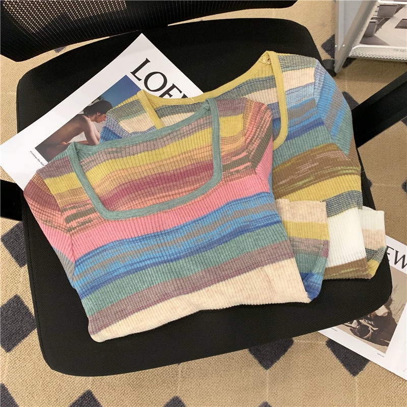 Áo Kiểu Cổ Vuông Tay Ngắn Họa Tiết Kẻ Sọc Màu Sắc Tương Phản Phong Cách Hàn Quốc Thời Trang