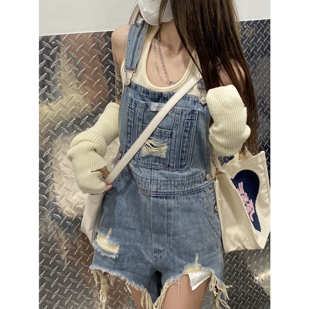 Áo liền quần XIAOZHAINV denim ngắn phối túi phong cách vintage thời trang mùa hè cho nữ