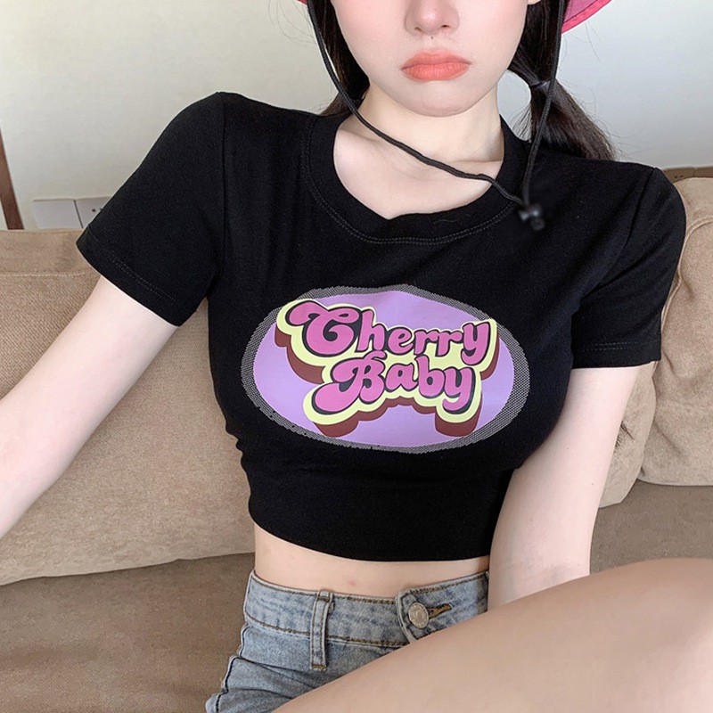 Áo Thun Croptop Tay Ngắn Cổ Tròn In Họa Tiết Ngọt Ngào Phong Cách Hàn Quốc Thời Trang Mùa Hè Cho Nữ