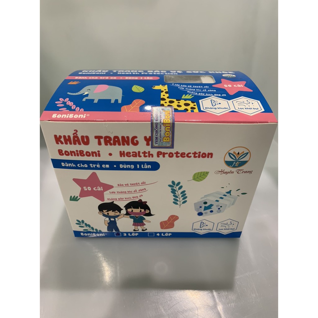 Khẩu trang y tế trẻ em 4 lớp kháng khuẩn cao cấp BoniBoni (Hộp 50 chiếc)