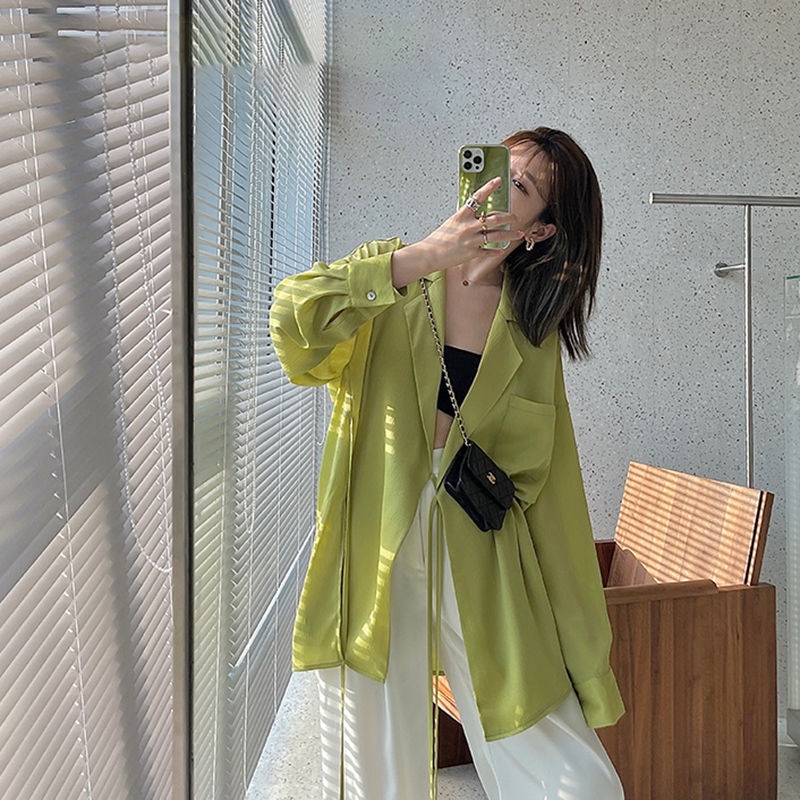 Áo khoác chiffon tay dài dáng ôm màu trắng/xanh lá thời trang Hàn Quốc