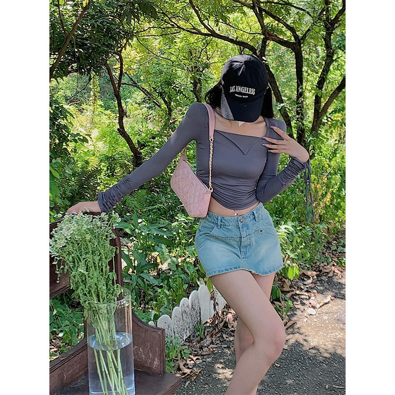 COZOK Áo Thun Croptop Tay Dài Cổ Vuông Phối Dây Rút Thiết Kế Độc Đáo Phong Cách Vintage