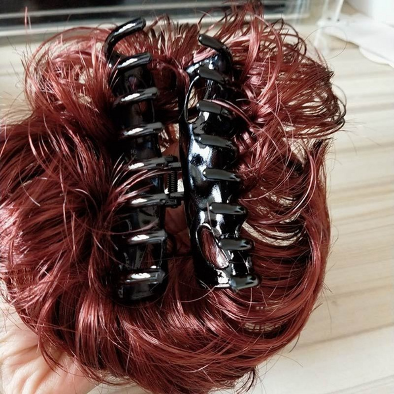 Kẹp tóc giả mini tạo búi tóc xoăn rối màu nâu đen tự nhiên bằng sợi cao su tổng hợp chịu nhiệt