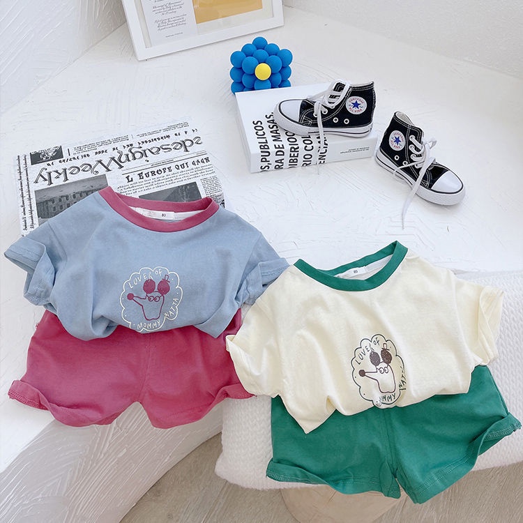 Bộ Đồ Thể Thao Áo Tay Ngắn Phối Quần Short In Hoạt Hình Màu Tương Phản Kiểu Hàn Quốc Dễ Thương Cho Bé