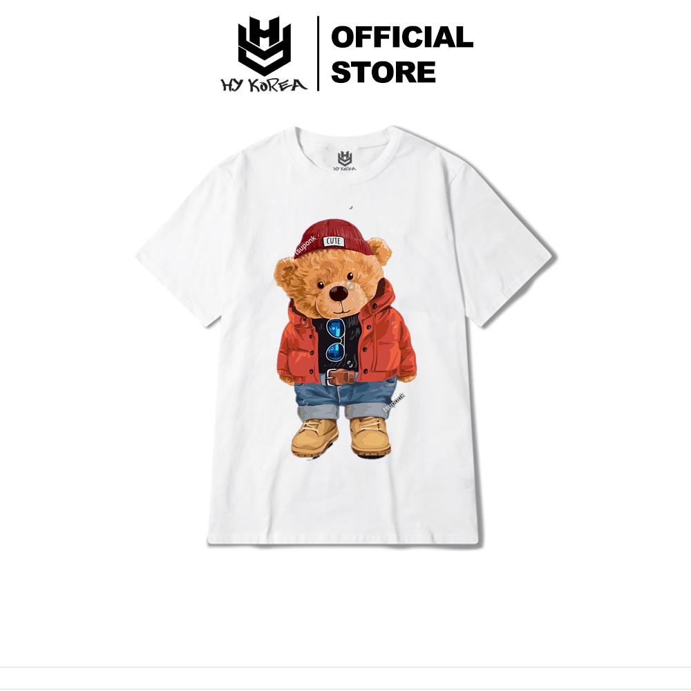 Áo Phông Rộng HY KOREA Tay Lỡ Nam Nữ Unisex Dễ Thương In Hình Gấu Đội Nón Cute 195