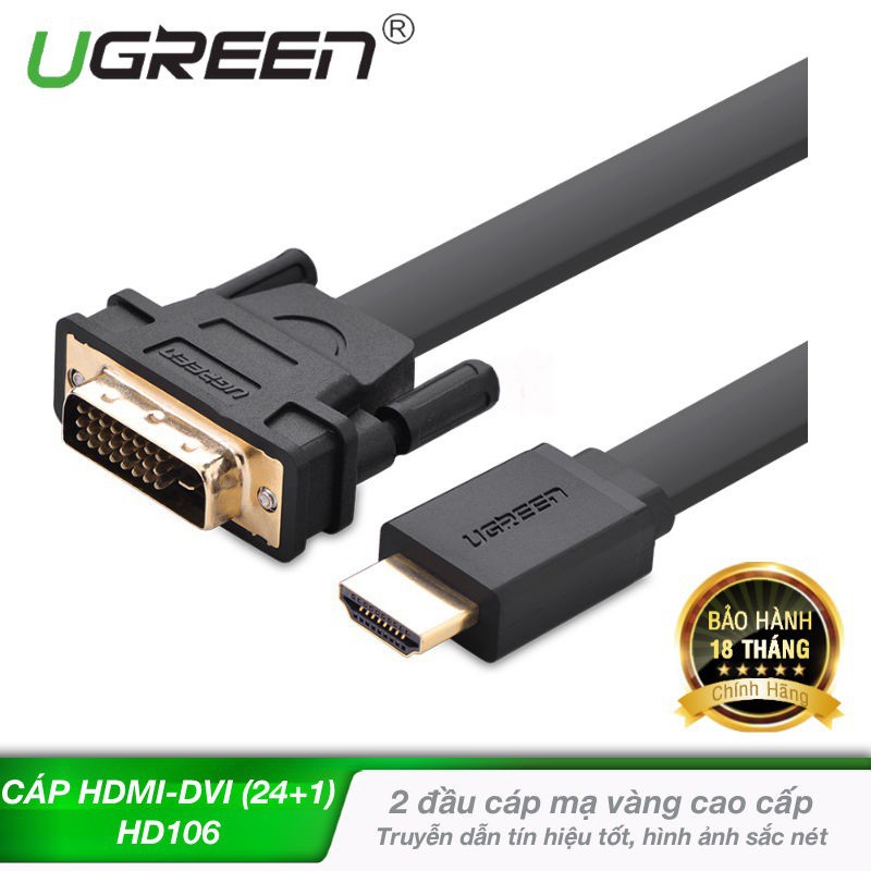 Cap HDMI to DVI D 24+1 Cao Cấp Ugreen 30138 dài 5met(dây dẹt,dùng được 2 chiều) HD106