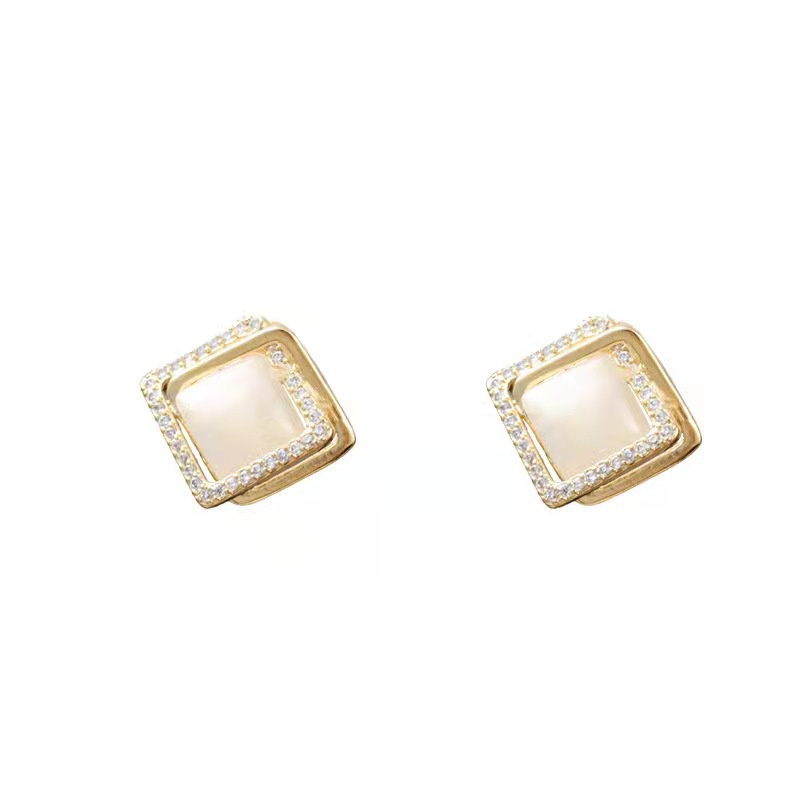 Hoa tai bạc s925 hình vuông đan đính đá nhỏ gọn không gây dị ứng da thời trang Hàn Quốc Lémi ccessories