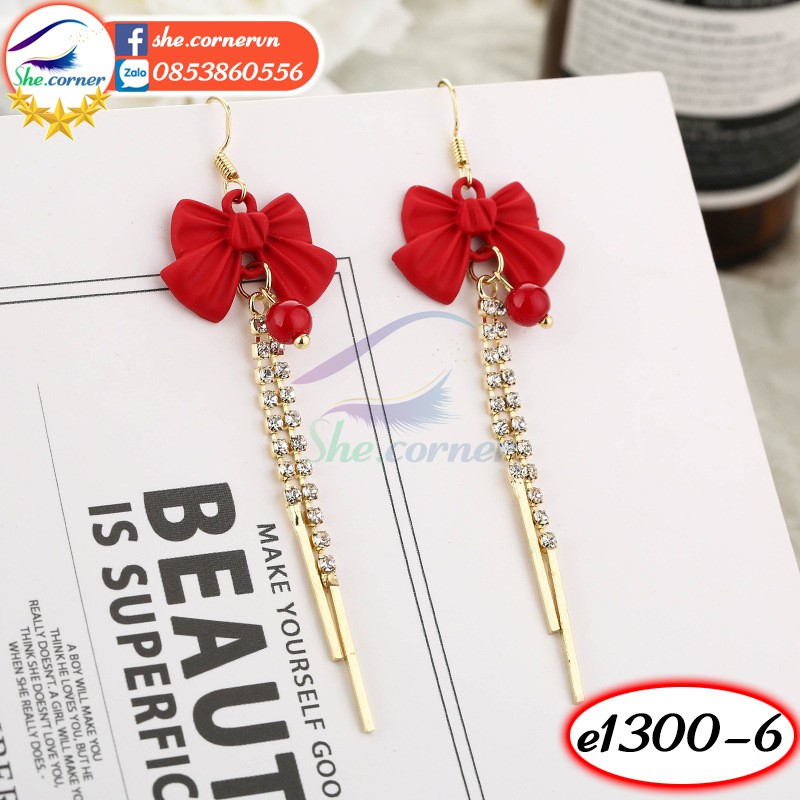 Hoa tai bông tai cánh hoa sắc đỏ tua dua dài E1300 thời trang phong cách Hàn Quốc