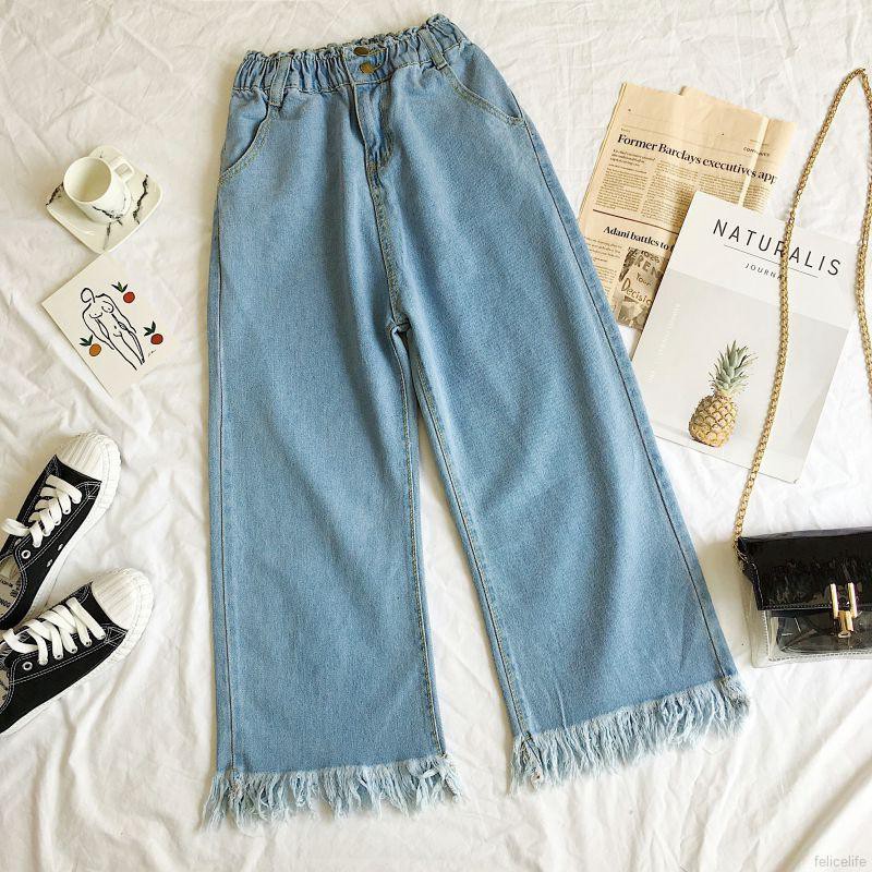 Quần Jeans Ống Rộng Lưng Cao Thời Trang Cho Nữ