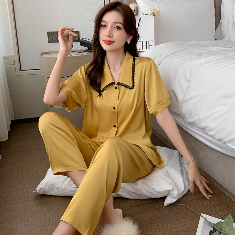 Bộ Đồ Ngủ Ngắn Tay Bằng Lụa Mát Thời Trang Mùa Hè Giản Dị