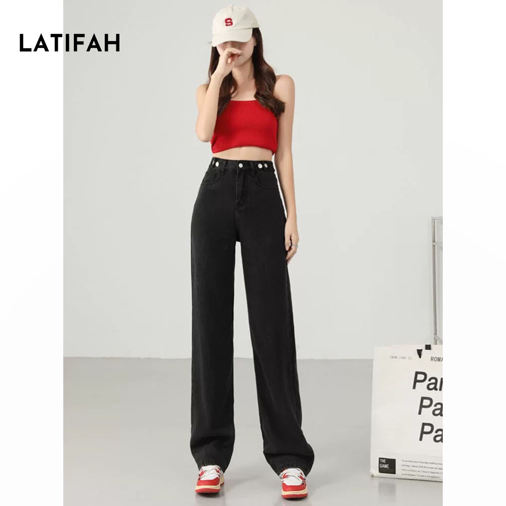 Quần baggy jean nữ LATIFAH ống rộng dài 98cm gài cúc eo màu đen QD042