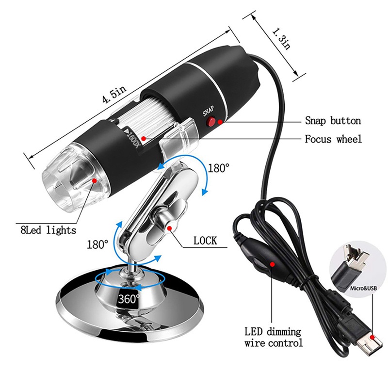 Kính Hiển Vi USB 1600X Độ Phóng Đại 8 LED Với Đầu Chuyển Đổi TYPE-C 3 Trong 1 Tiện Dụng