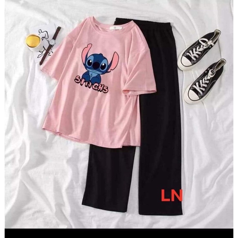 Sét áo phông thỏ Stick + quần ống rộng dài DA6