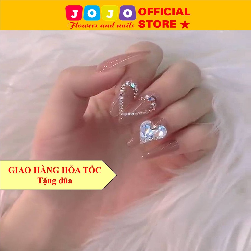 Bộ 24 móng giả đính đá trái tim dài nhọn Jojo X13 móng tay giả đính đá hình tim kèm keo cao cấp