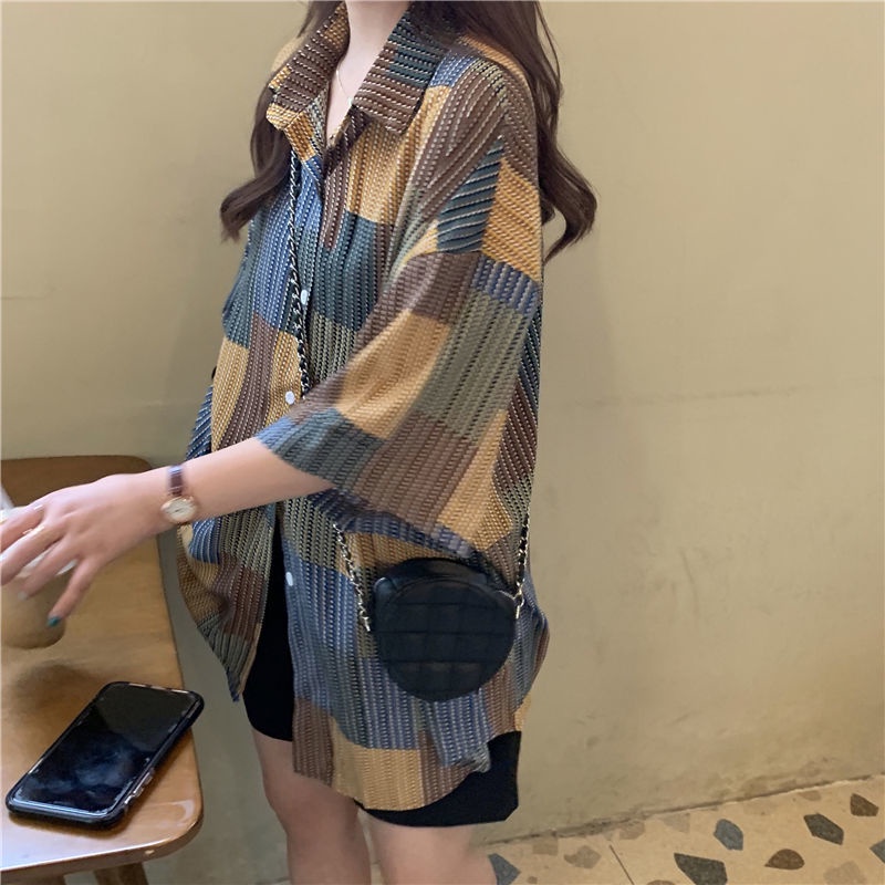 Áo Sơ Mi Ngắn Tay Dáng Rộng Họa Tiết Sọc Kẻ Ô Phong Cách Retro Hàn Quốc Dành Cho Nữ